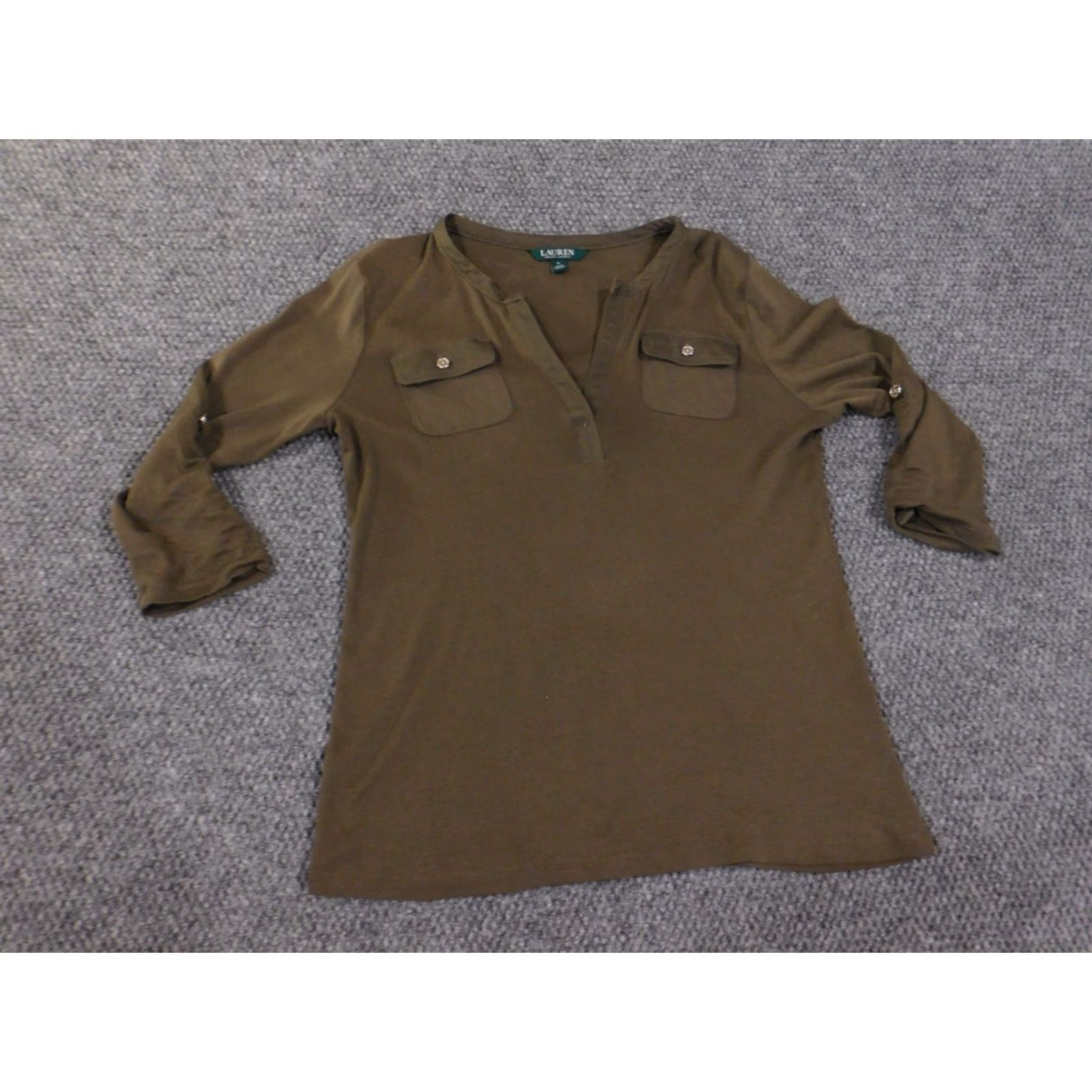 Ralph Lauren Lauren Ralph Lauren Blouse Shirt Womens M Green Stretch V-Neck Pockets Knit Cotton Blend Regular Size M / US 6-8 / IT 42-44 - 4 Thumbnail