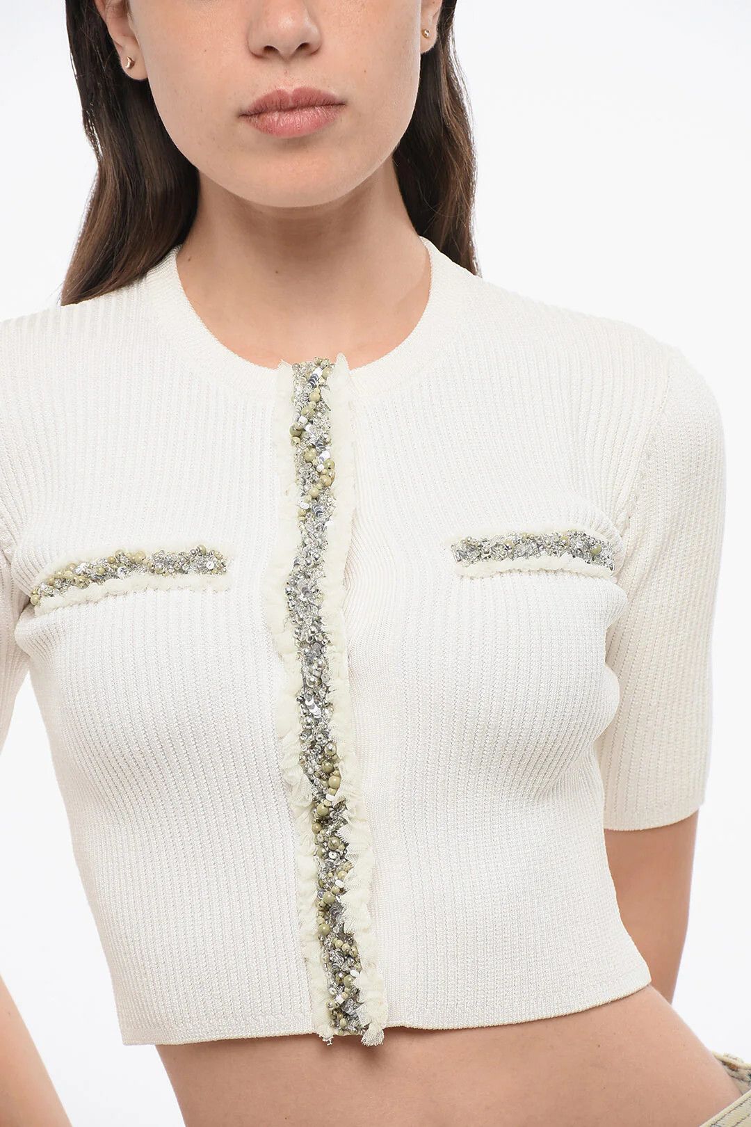 Balmain og1mm0326 Cropped Short-Sleeve Cardigan in White Size XS / US 0-2 / IT 36-38 - 3 Thumbnail