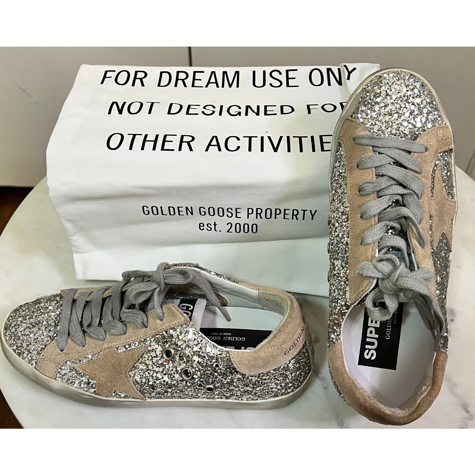 NWT GOLDEN GOOSE SUPERSTAR GLITTER SUEDE PLATINUM BEIGE SZ 6