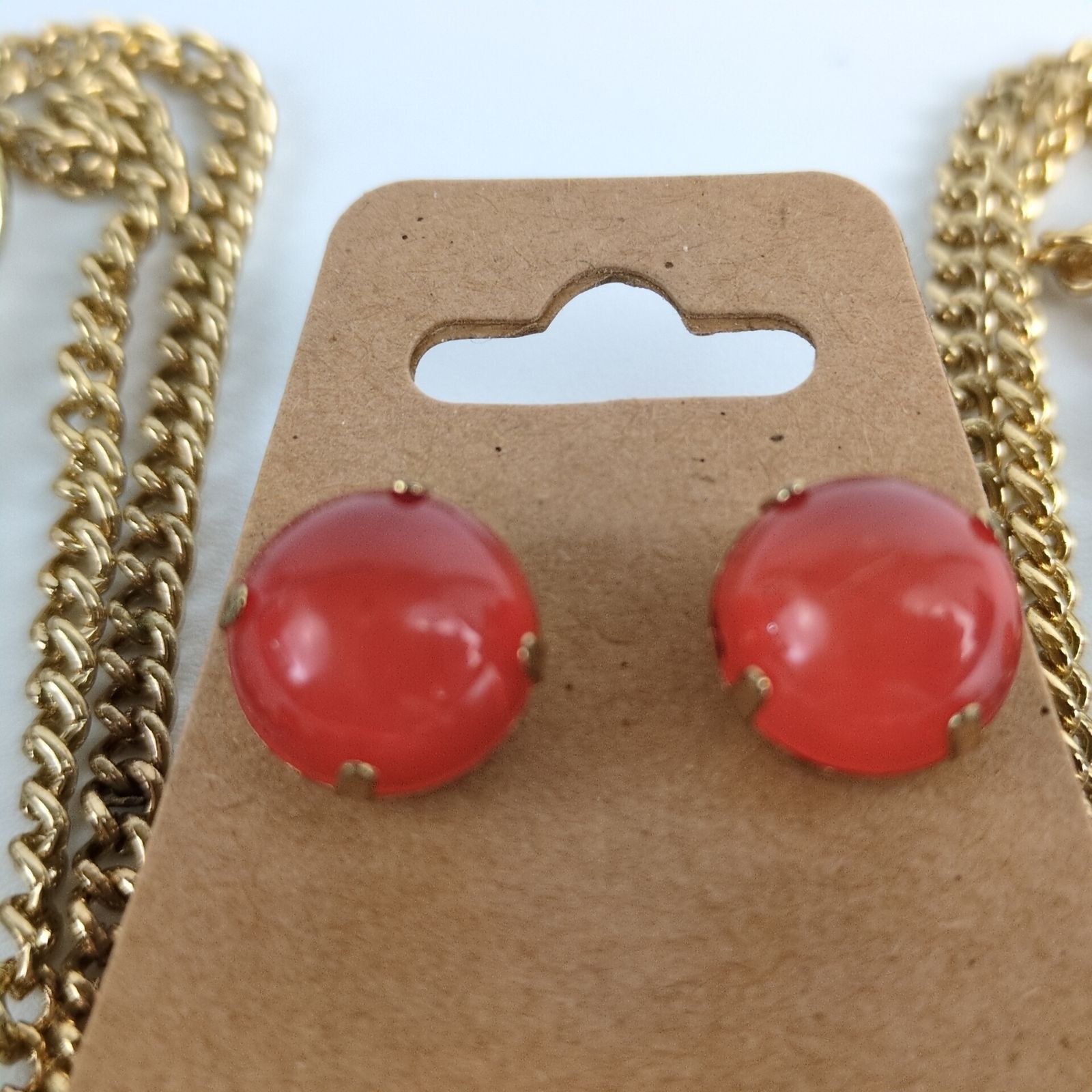 Vintage Peach & White Moonstone Goldtone Chain Necklace Earring Set Size ONE SIZE - 5 Thumbnail