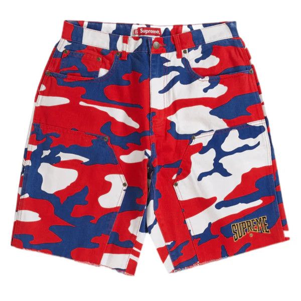 image of Supreme Cutoff Denim Double Knee Painter Short in Red Camo, Men's (Size 36)