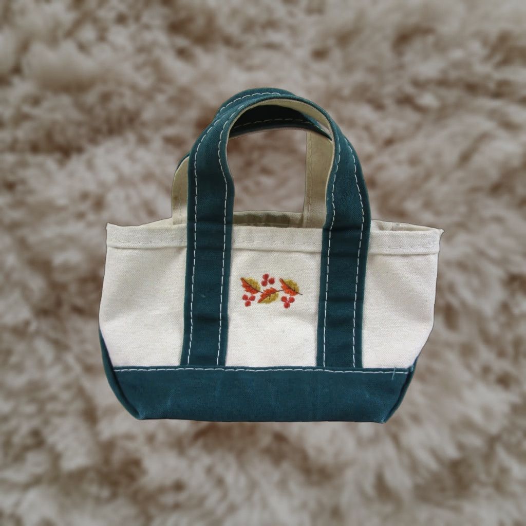 VINTAGE LL Bean Boat & Tote Bag Micro Mini Green & Ivory Canvas USA Embroidered Bag Tote Men Mini Green Ivory Canvas Embroidered USA
