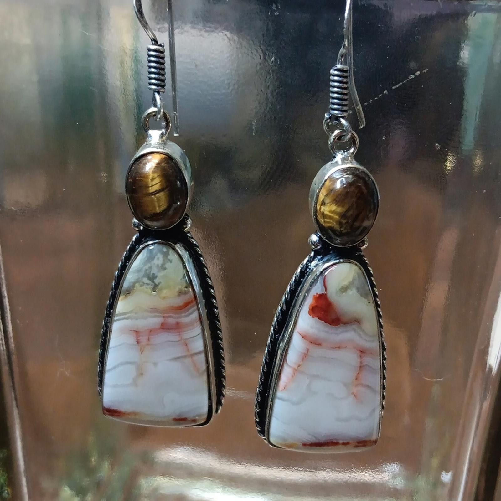 Designer Elegant Crazy Lace Agate Stone Earrings Size ONE SIZE - 3 Thumbnail