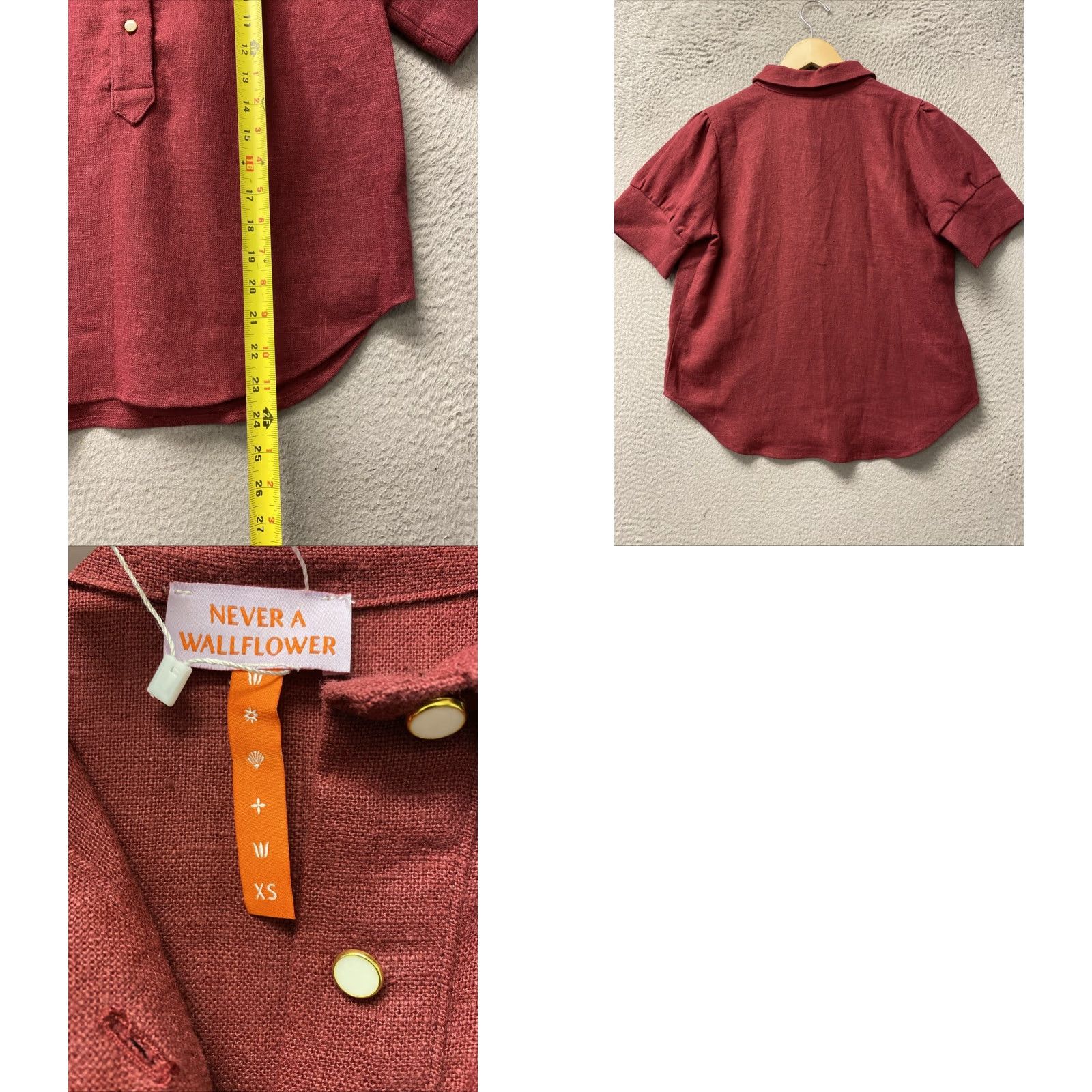 Vintage Never A Wallflower Shirt Womens Burgundy XS Short Sleeve Cotton Silk Button Round Neck Modern City design 90s? Size XS / US 0-2 / IT 36-38 - 8 Thumbnail