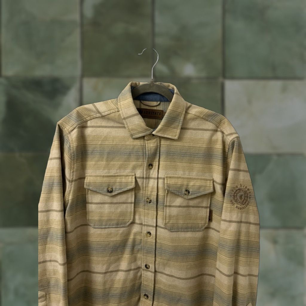 Vintage Levitate Shirt Mens M Tan Blue Striped Flannel Button-Down L/S Organic Cotton Recycled Polyester Pocket Embroidered Vintage: No Size US M / EU 48-50 / 2 - 1 Thumbnail