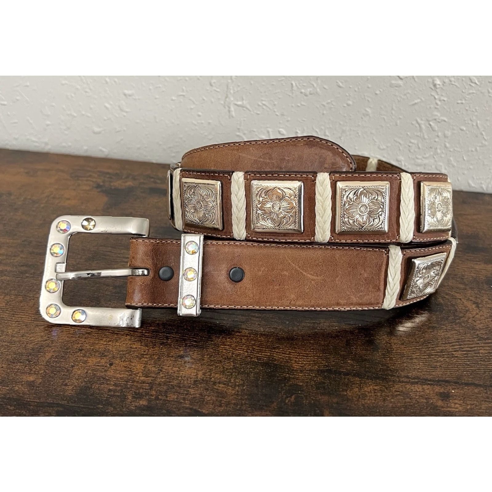Tony Lama VINTAGE Tony Lama Belt 36 Brown Silver Rhinestone Buckle Leather Floral Medallion Square Belt Women 36-37 in Adjustable Western USA Cowboys Girls Size ONE SIZE - 2 Thumbnail