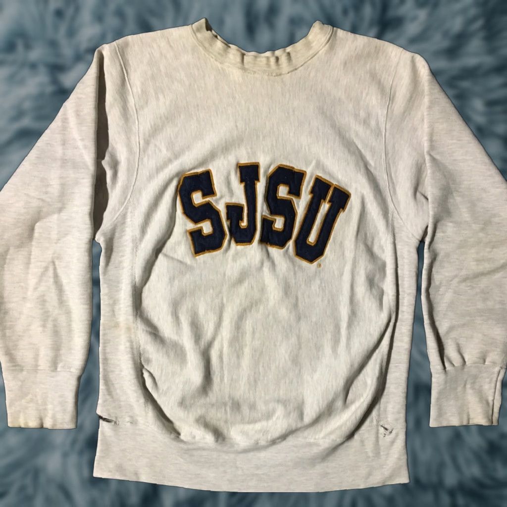 VINTAGE 90s SJSU Thrashed Faded Distressed Reverse Weave Sweatshirt S Gray Men MV Sport Pullover Grunge College PE Sweatshirt