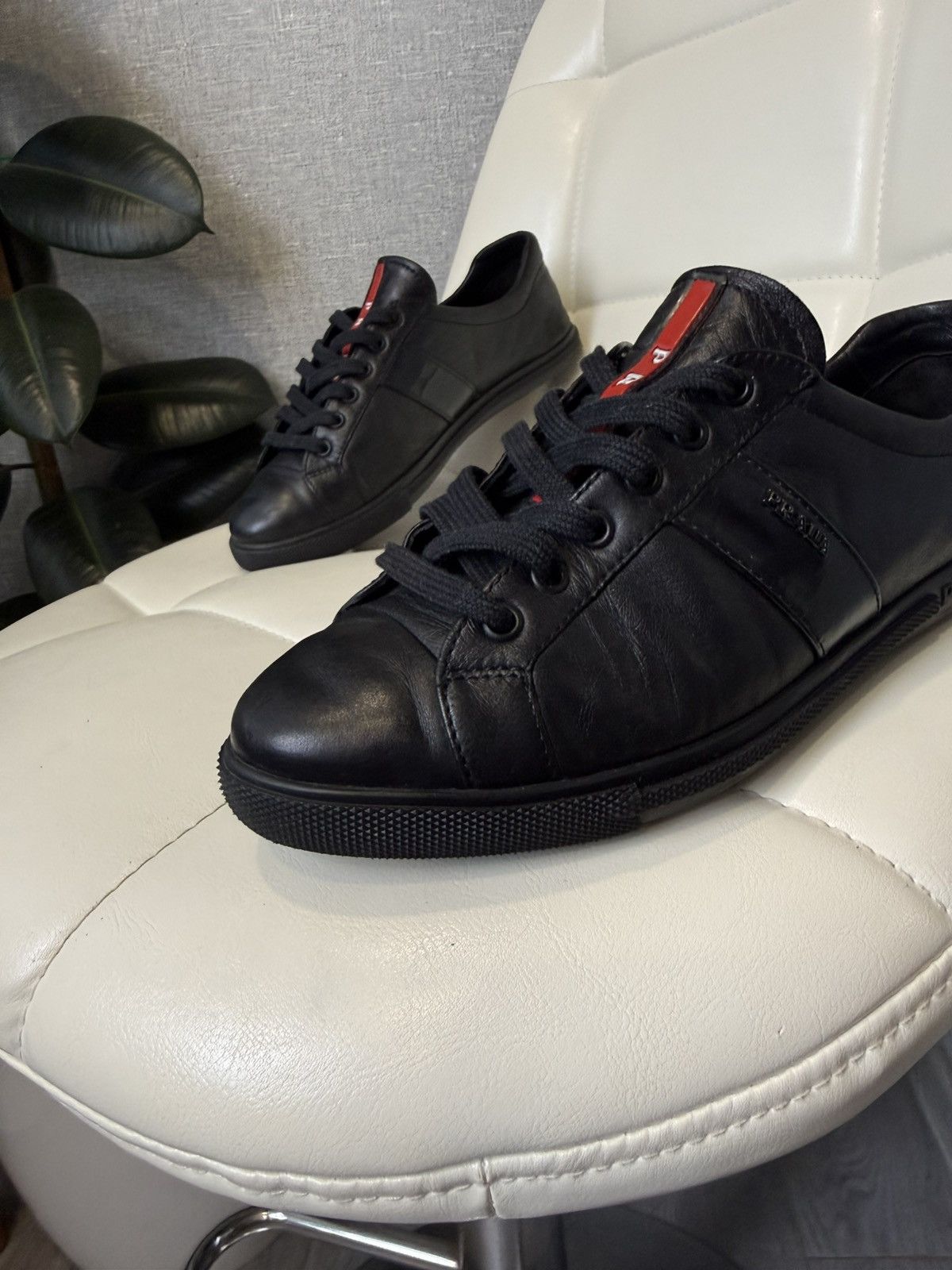 Prada Prada Black Leather Low-Top Sneakers with Red Stripe Logo Size US 7 / IT 37 - 3 Thumbnail