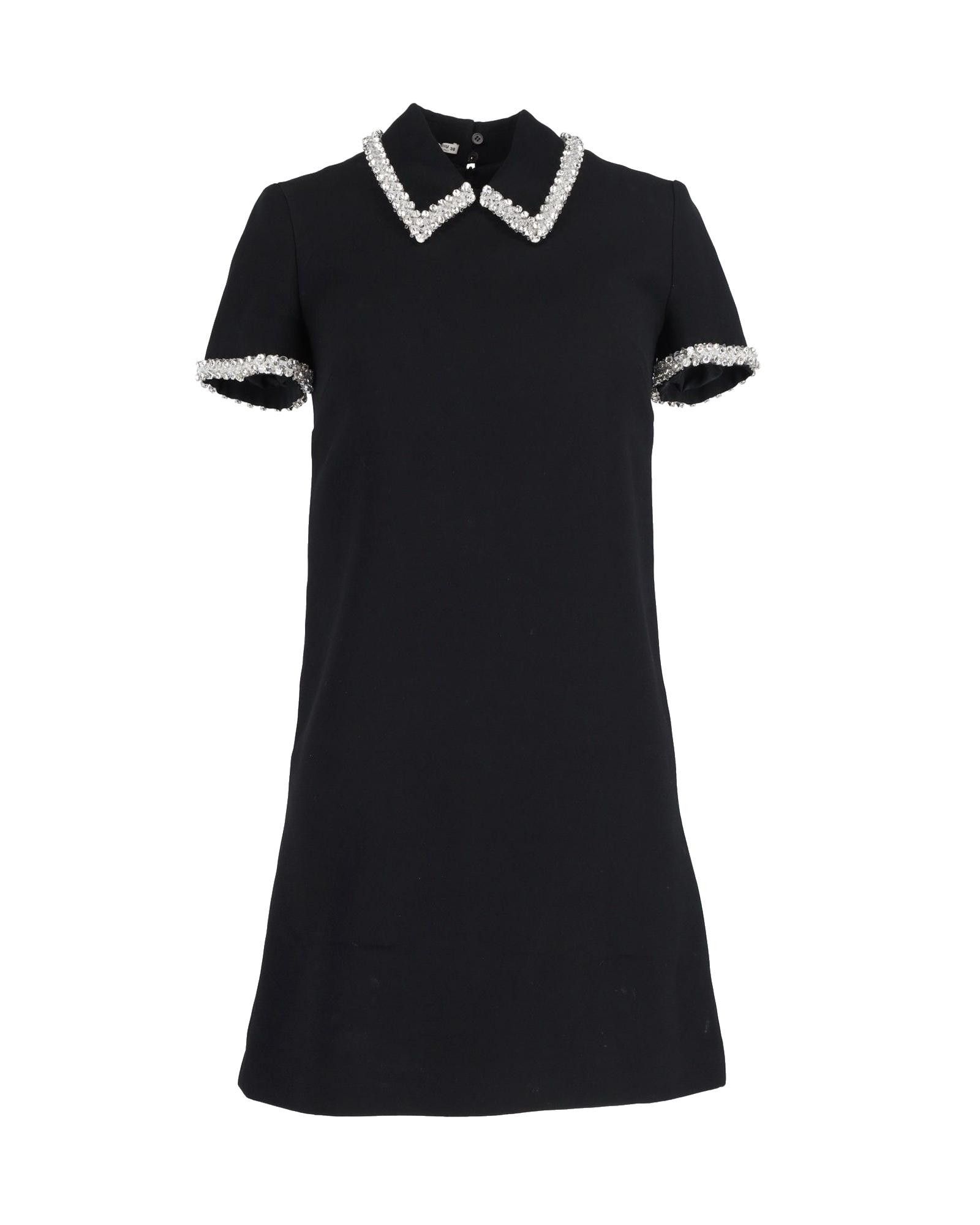 image of Miu Miu Embellished Collar And Sleeve Mini Dress In Black Polyester, Women's (Size XS)