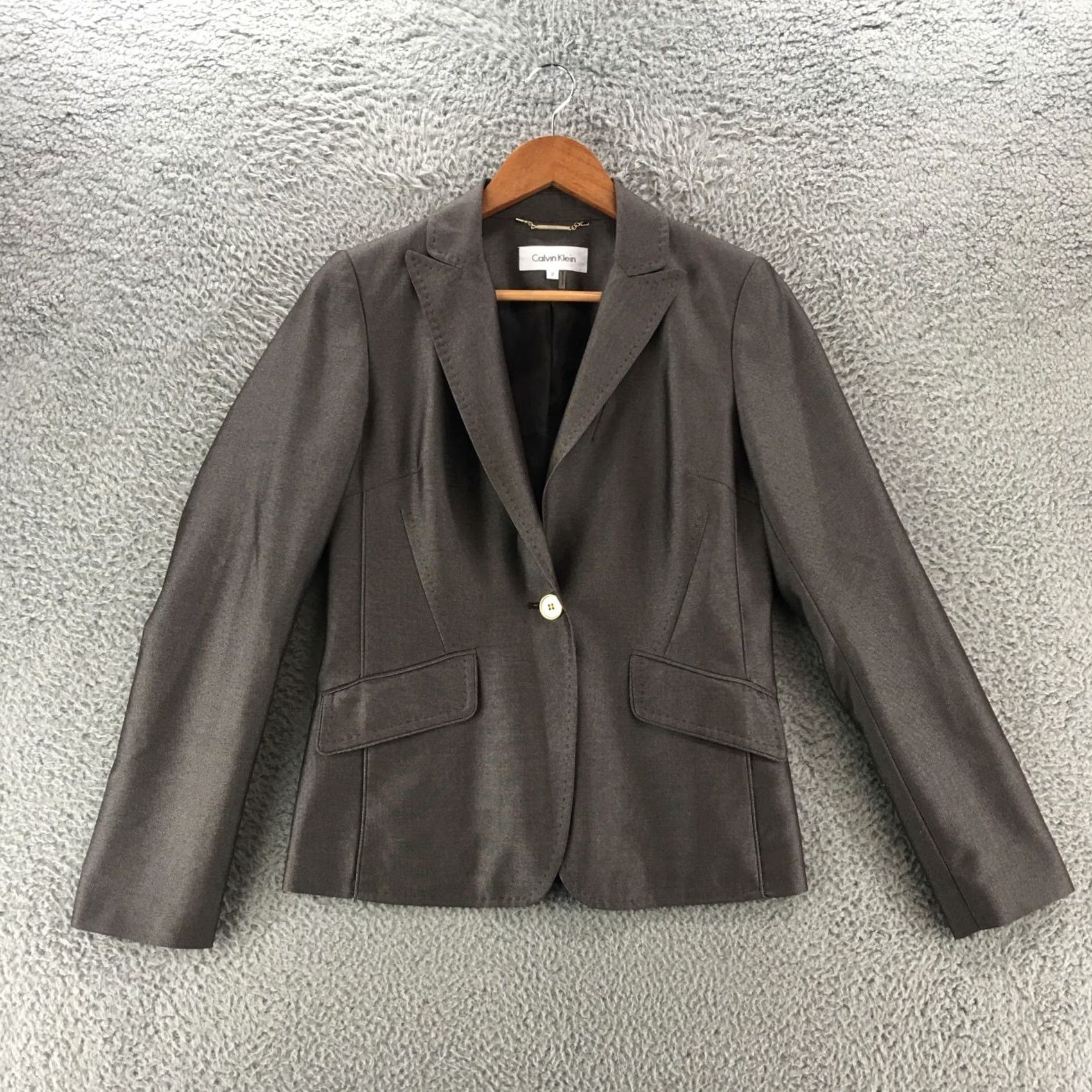 Calvin Klein Calvin Klein Blazer Jacket Womens 2 Grey Solid V Neck Collar Long Sleeve Formal Clothing Ladies Blazer Mens Women Size XS / US 0-2 / IT 36-38 - 2 Thumbnail