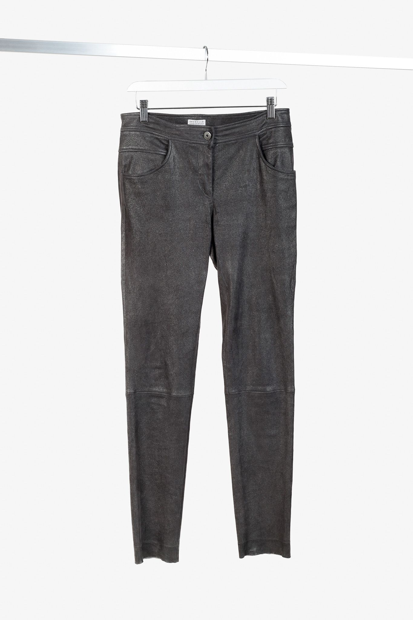 Brunello Cucinelli Brunello Cucinelli AW/18 Lead Metallic Leather Skinny Pants Size 27" / US 4 / IT 40 - 1 Thumbnail