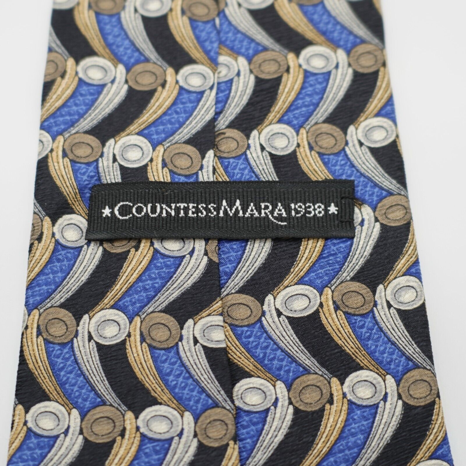 Countess Mara Countess Mara Blue Tan Gray Geometric Print Wide Silk Tie Size ONE SIZE - 3 Thumbnail