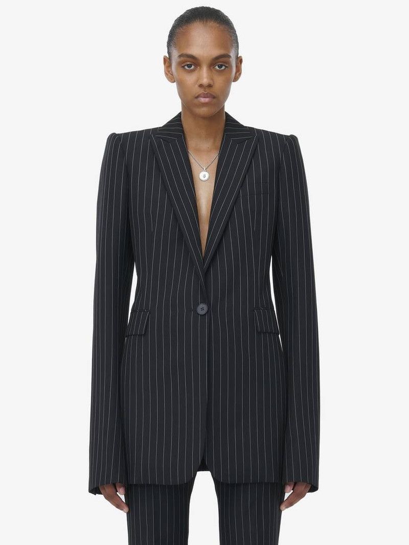 Alexander McQueen o1srvl11e0226 Pinstripe Stacked Shoulder Jacket Black/White Size XL / US 12-14 / IT 48-50 - 2 Thumbnail