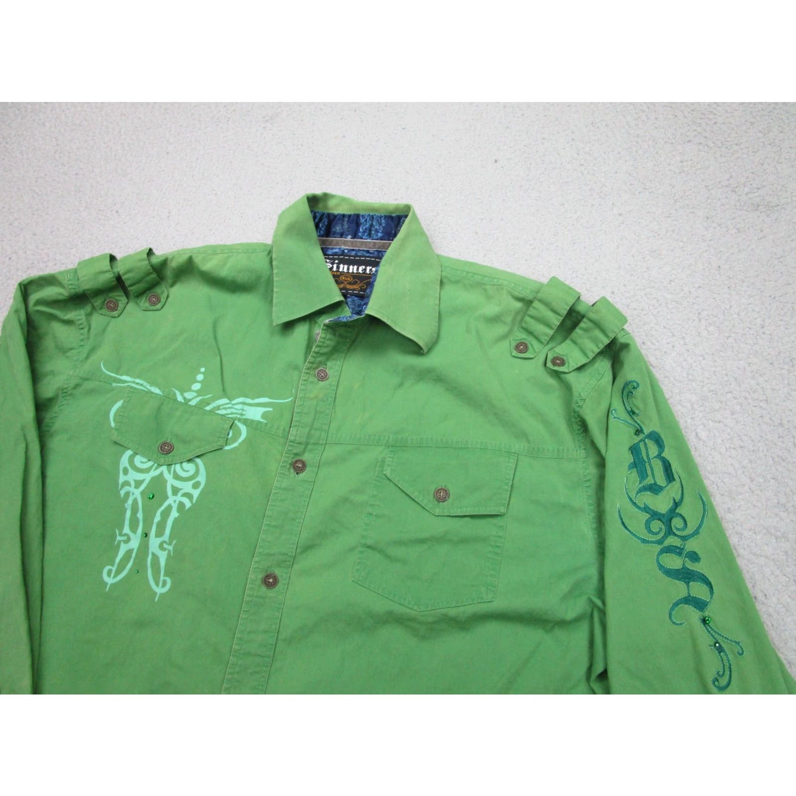 Vintage Sinners Embroidered Green Beaded Cowboy Western Button-Up Shirt 3XL Mens Size US XXL / EU 58 / 5 - 3 Thumbnail