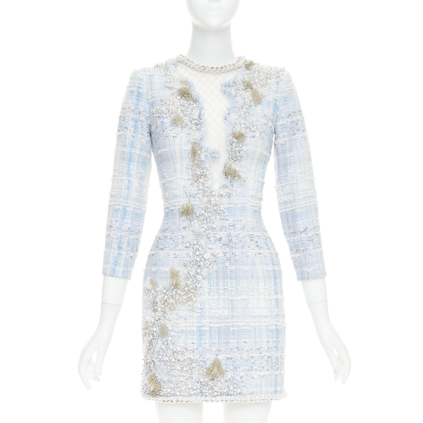 Balmain rare BALMAIN blue white tweed pearl bead embellished plunge mesh dress FR34 XS Size XS / US 0-2 / IT 36-38 - 1 Thumbnail