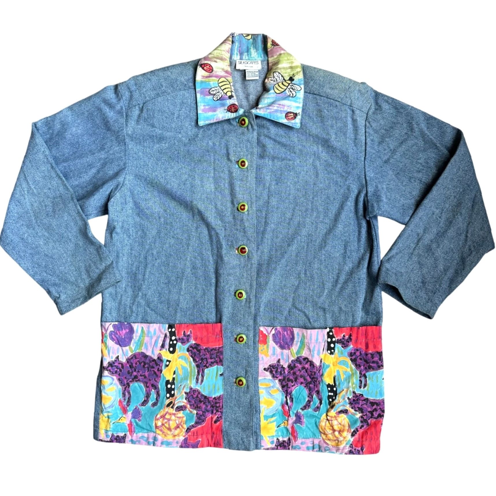 Vintage VINTAGE Silkscapes Jean Jacket Womens Handpainted Cat Oversized Art Patchwork Blue XL Casual Size 40" / US 18 - 3 Thumbnail
