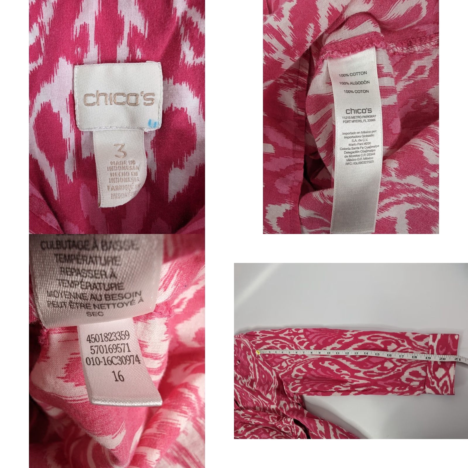 Vintage Chicos Shirt Womens Button-Up Damask Ikat Cotton Pink XL 3 US Sheer Sleeve Long Collared Size XL / US 12-14 / IT 48-50 - 8 Thumbnail