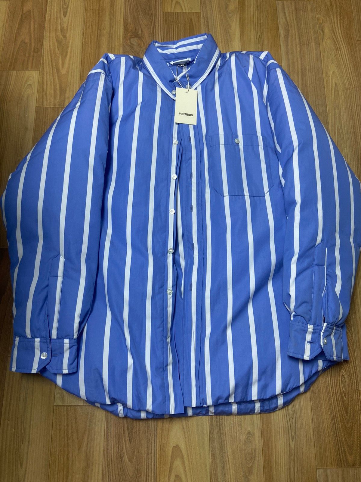 Pre-owned Vetements ) S  Puffer Striped Shirt Jacket In Blue