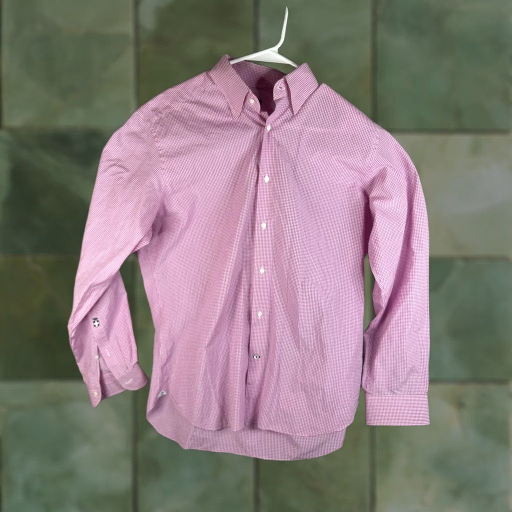 Vintage Truzzi Shirt Mens Large Pink Gingham Check Button-Down Dress Long Sleeve Size 42R - 1 Thumbnail