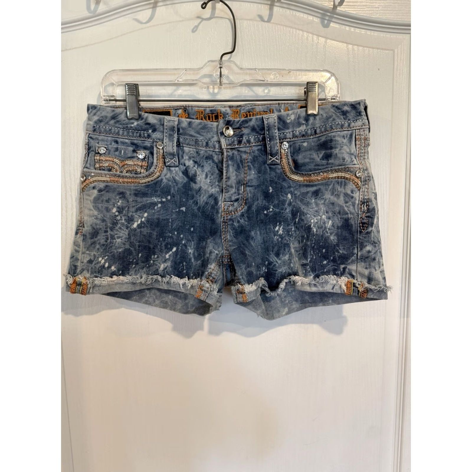 Vintage Rock Revival Kira denim acid-wash distressed jean shorts w rhinestones sz 29 Rock Shorts Women Regular 29 Blue Rhinestone Grunge Y2k Size 29" - 2 Thumbnail