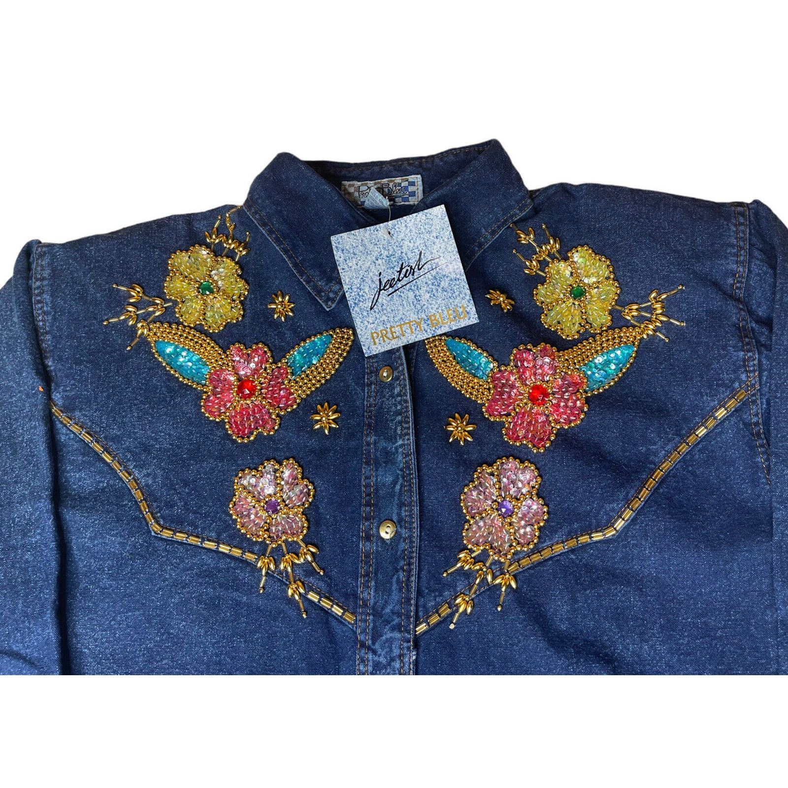 Other Vtg Jeetish Pretty Bleu Blue Denim Beaded Sequin Shirt S Size S / US 4 / IT 40 - 2 Thumbnail