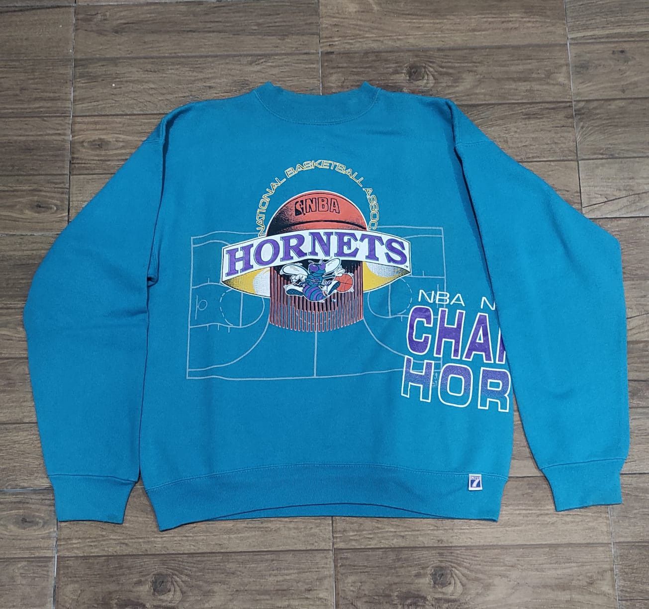 image of Vintage Crewneck Charlotte Hornets Aop By Logo 7 in Blue, Men's (Size Large)