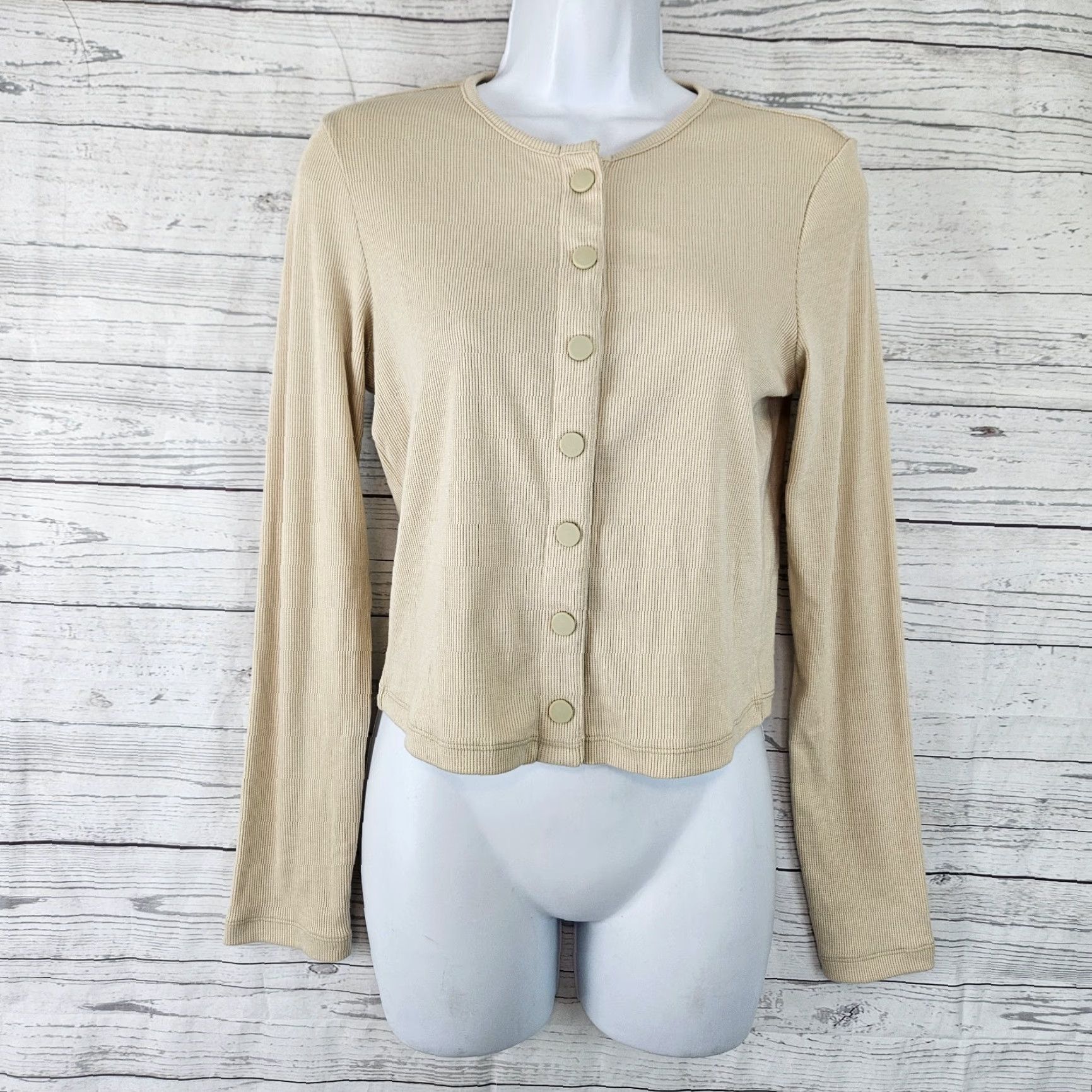 Outdoor Voices Outdoor Voices Womens Cardigan Sweater Cropped Cozy Rib XL Beige Wheat Button Long Sleeve Size XL / US 12-14 / IT 48-50 - 2 Thumbnail