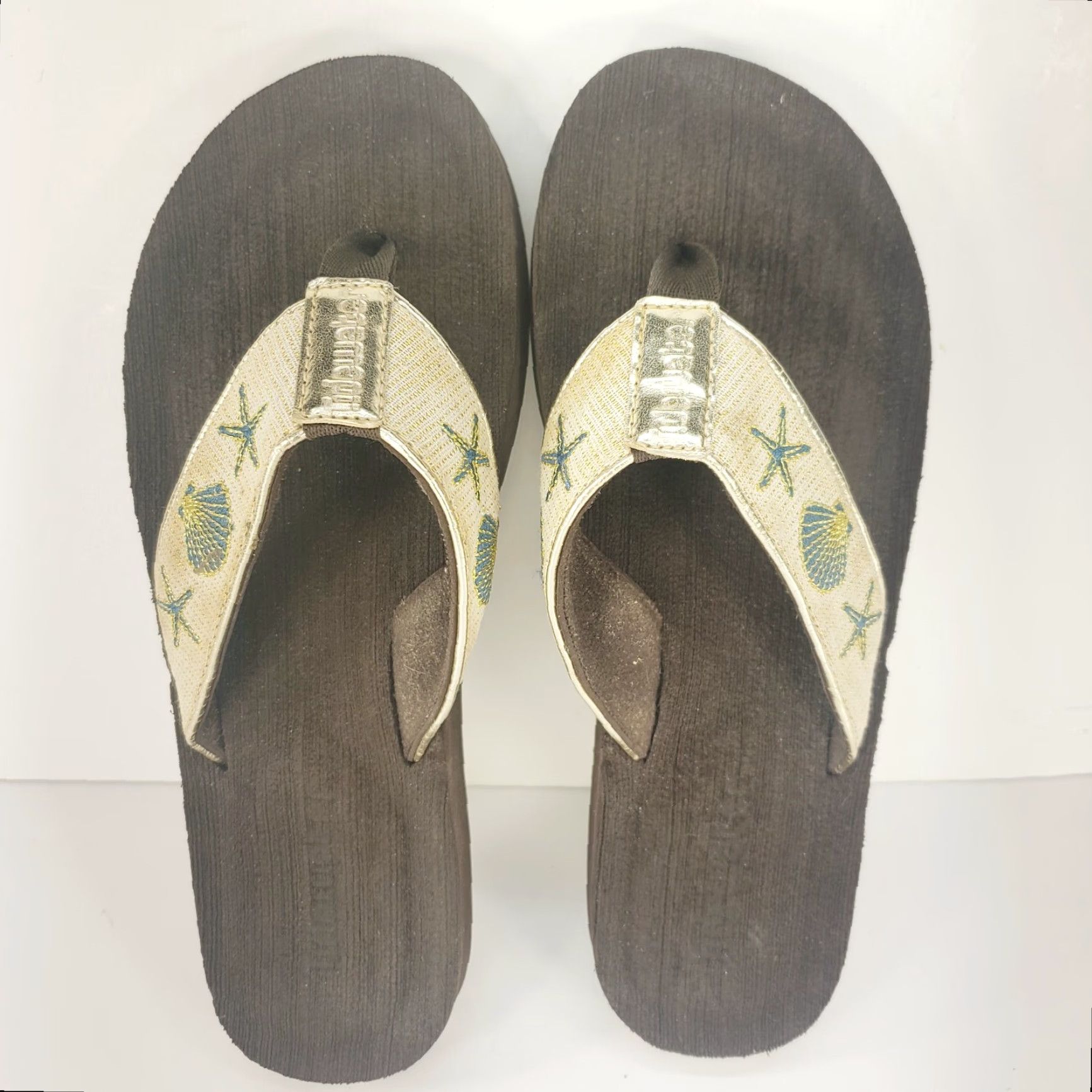 Vintage Tidewater Women's Flip Flops Thong Sandals Gold Starfish Pattern Slip On Size 6-7 Casual Beach Shoes Womens Size US 6 / IT 36 - 6 Thumbnail