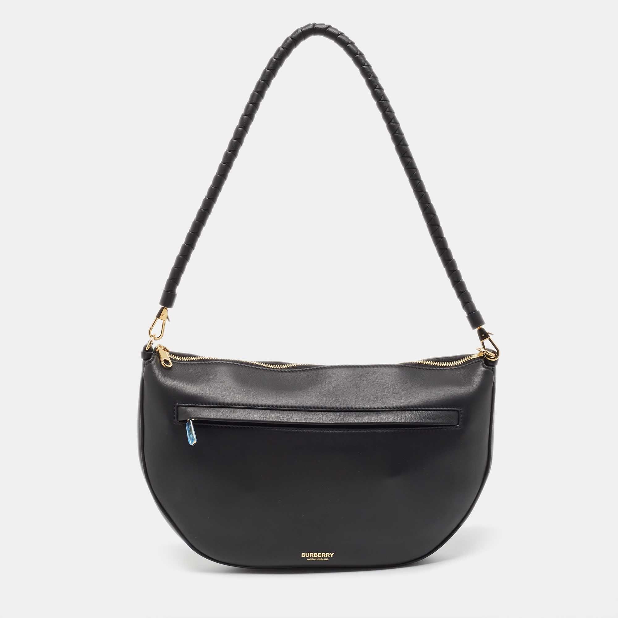 image of Burberry Black Leather Large Olympia Shoulder Bag, Women's