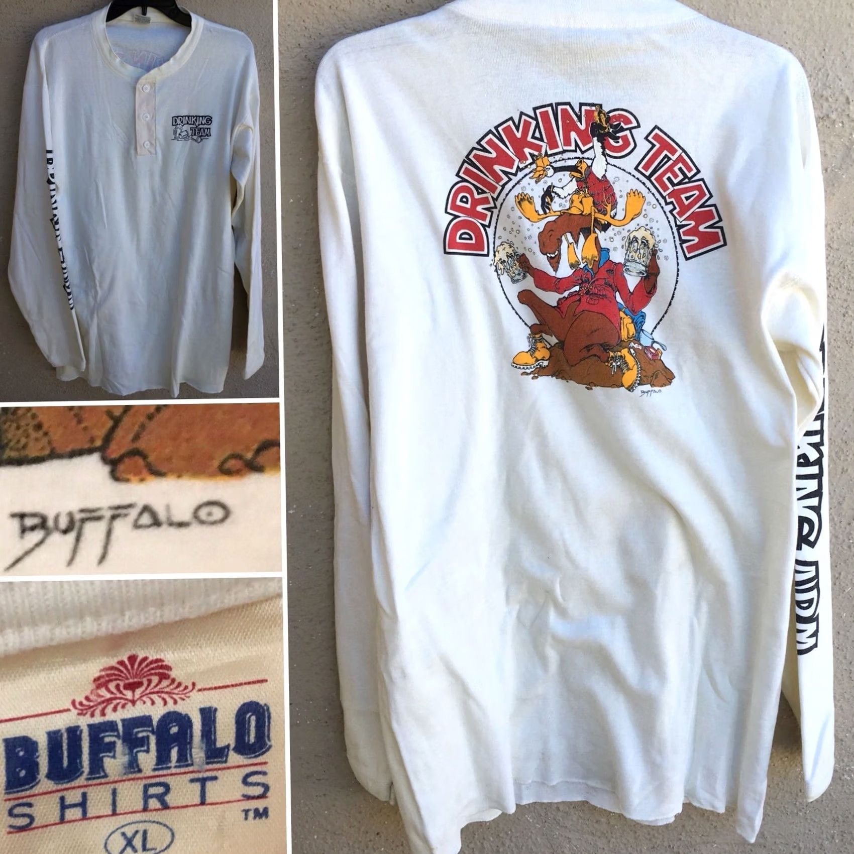 Vintage VINTAGE Buffalo Shirts T-Shirt DrinkING Team Drinking Arm Graphics Henley XL Ivory Men 80s Graphic Tee Size US XL / EU 56 / 4 - 4 Thumbnail