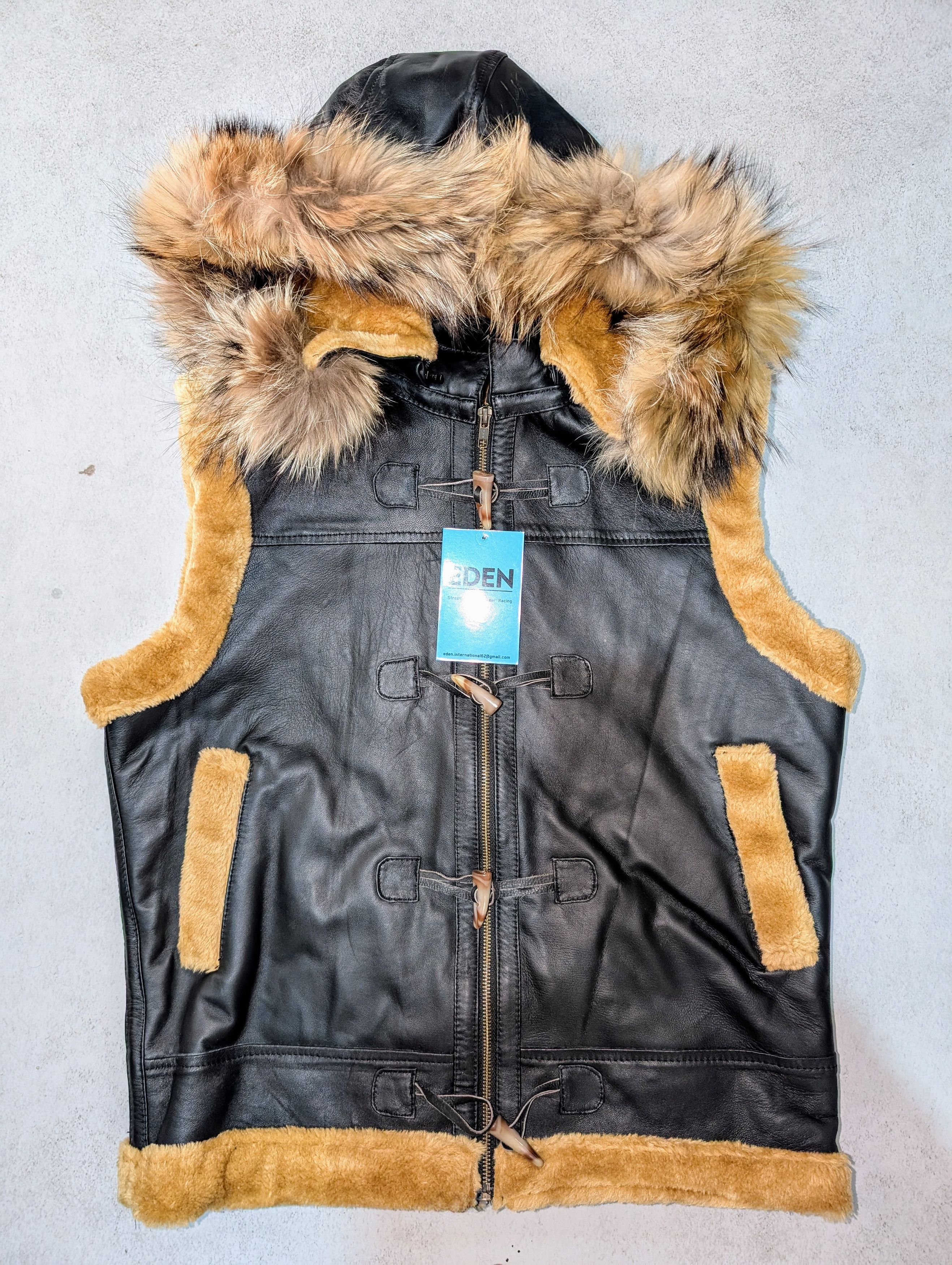 Genuine Leather × Vintage 🖤 Men's Black Shearling & Fox Fur Hooded Vest Leather Vest Size US L / EU 52-54 / 3 - 1 Thumbnail