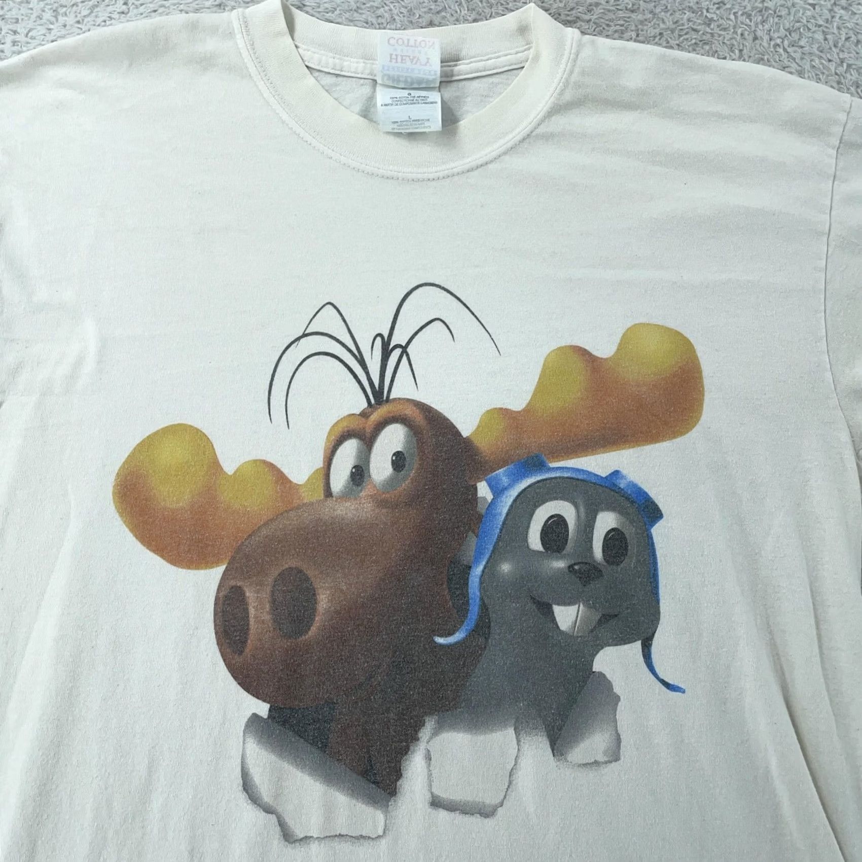 Gildan VINTAGE Rocky & Bullwinkle T-Shirt Mens M/L Ivory Cartoon Graphic Gildan 00s Legends, Animals, Movie Mens Size US M / EU 48-50 / 2 - 2 Thumbnail