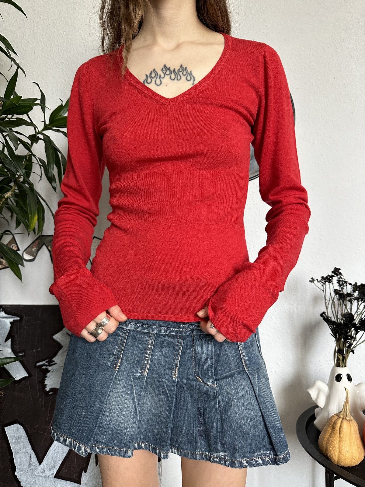 Beauty Beast × If Six Was Nine Soft Red Merino Wool Stretchy V-neck Top Coquette Size M / US 6-8 / IT 42-44 - 7 Thumbnail