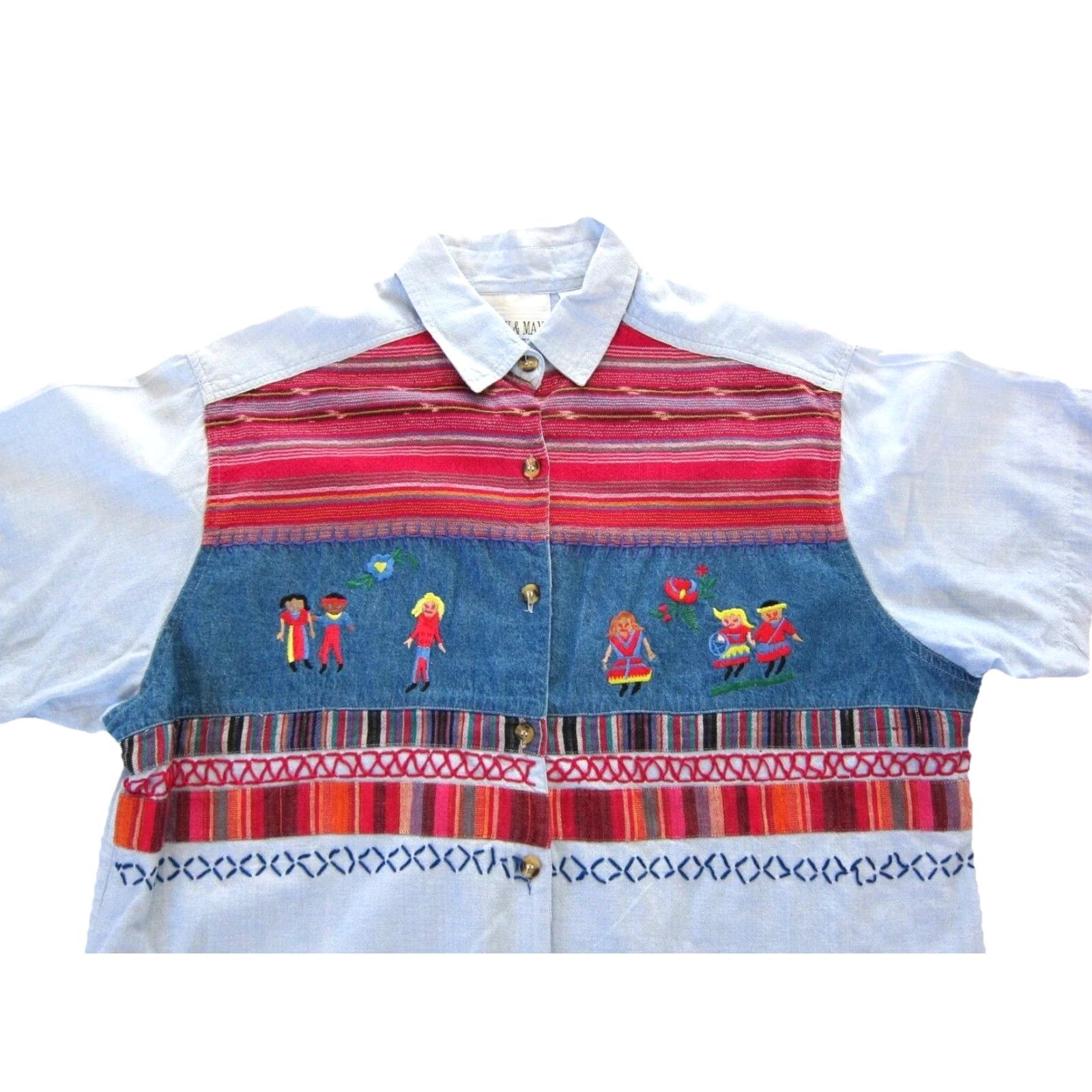 Vintage VINTAGE Casey & Max Cotton Blue Embroidered People Button Down Blouse Large Women's Shirt Size L / US 10 / IT 46 - 3 Thumbnail