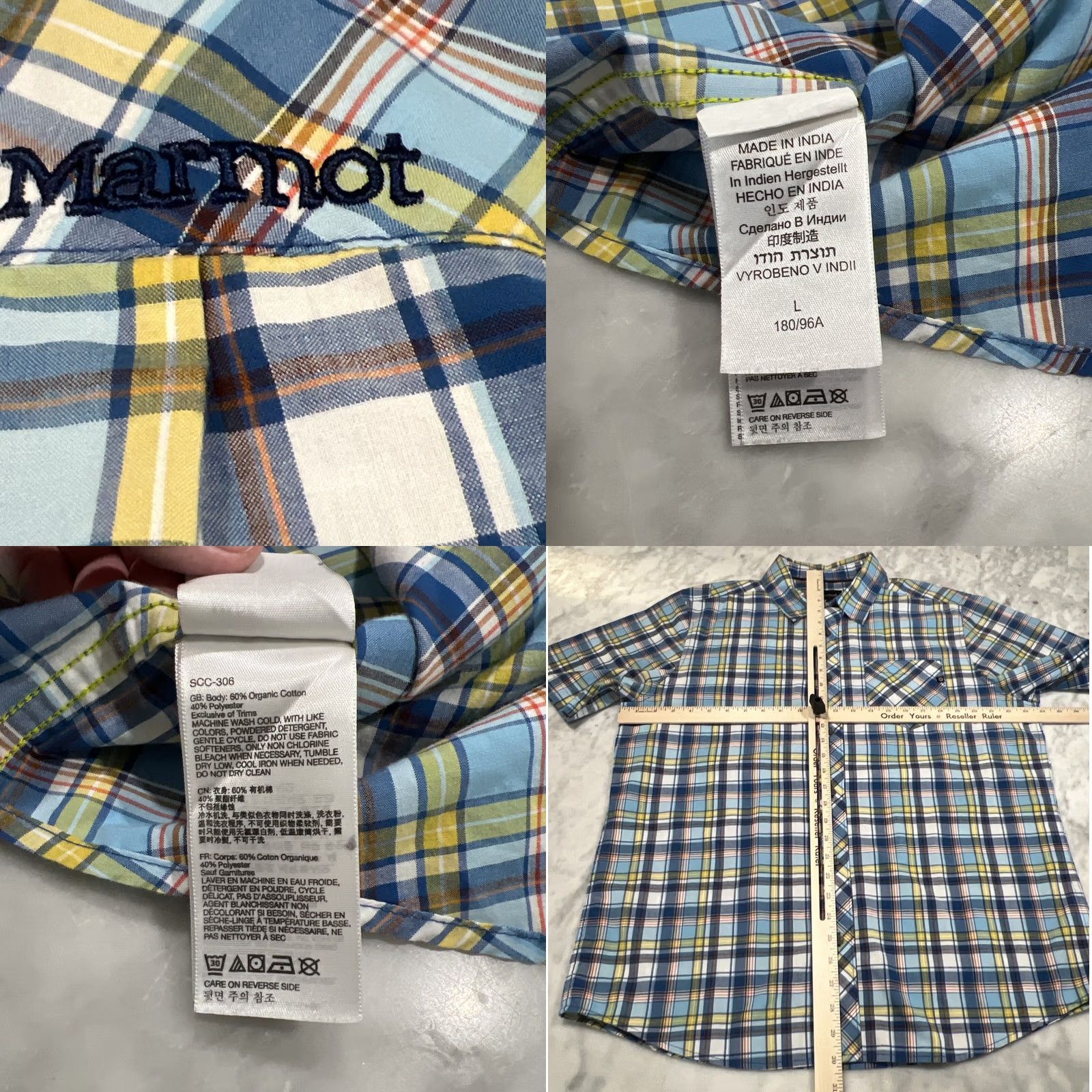 Marmot Marmot Shirt Men Large Short Sleeve Button-Up Collared Plaid Blues Yellow Pocket Casual Workwear Travel Outdoor Pattern Multicolor Cotton Polyester Size US L / EU 52-54 / 3 - 8 Thumbnail