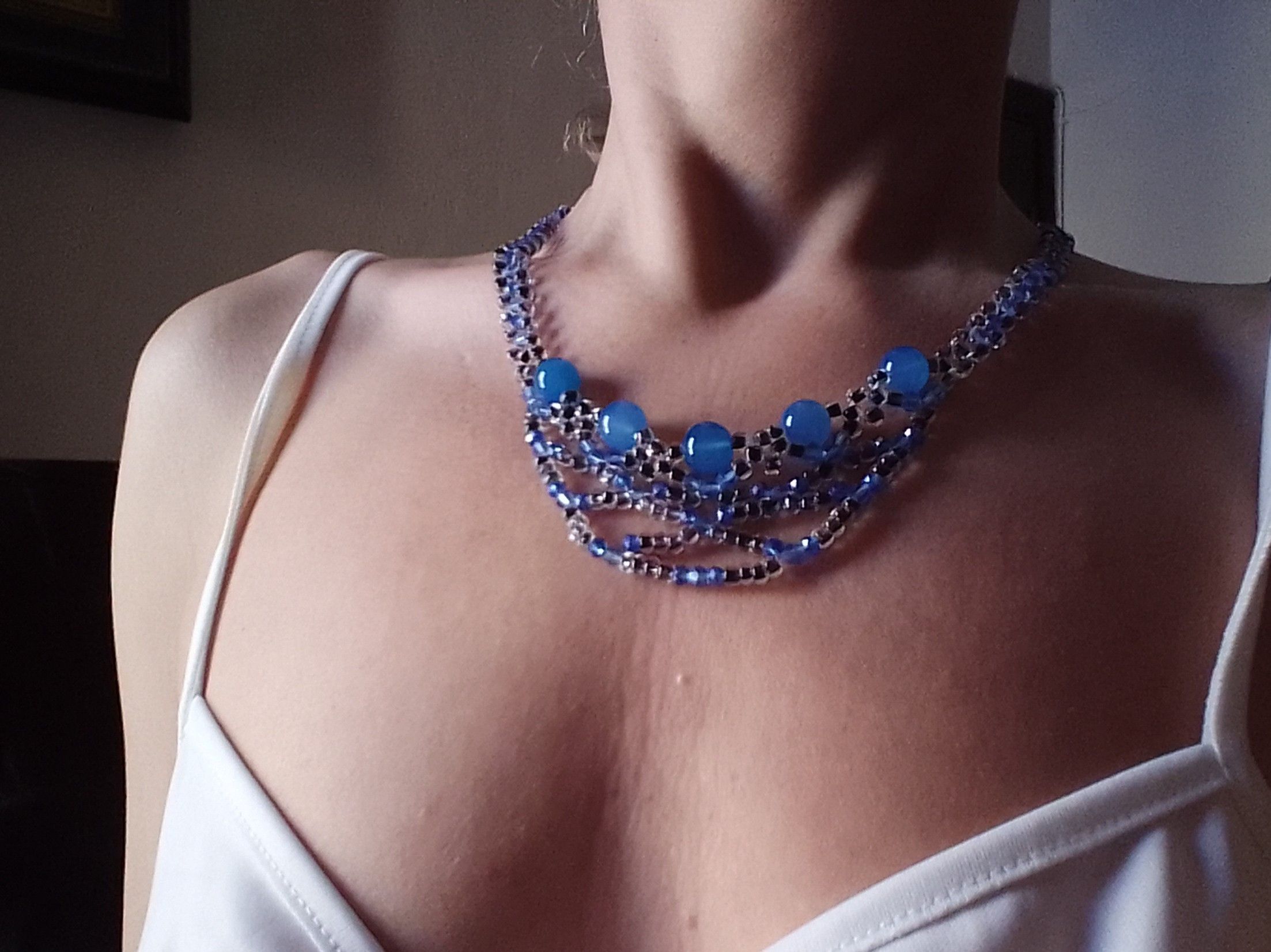 Handmade Black Necklace. Netted Glamour blue Agate Gemstones Size ONE SIZE - 1 Thumbnail