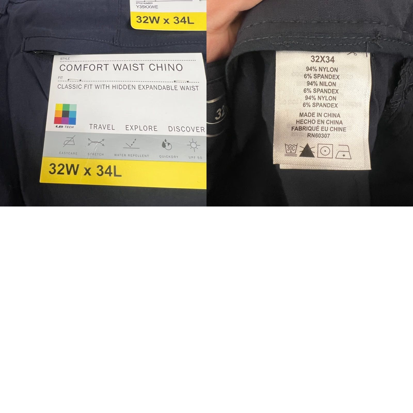 Vintage UB Tech Chino Pants Mens 32x34 Navy Adjustable Waist Stretch Quick Dry Water Resistant Pockets Classic Regular Straight 34 Inseam New with Tags Size US 32 / EU 48 - 8 Thumbnail