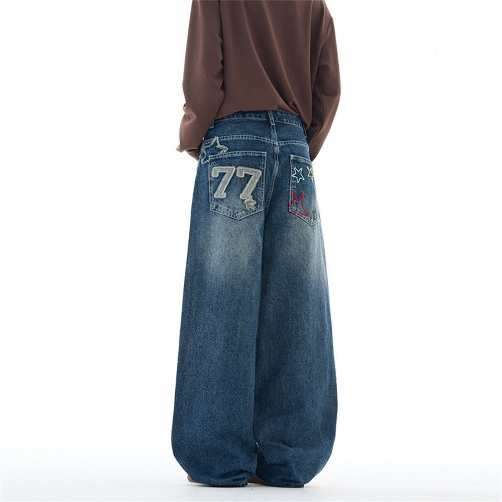Japanese Brand Men's loose washed wide-leg pocket embroidered jeans Size US 32 / EU 48 - 3 Thumbnail