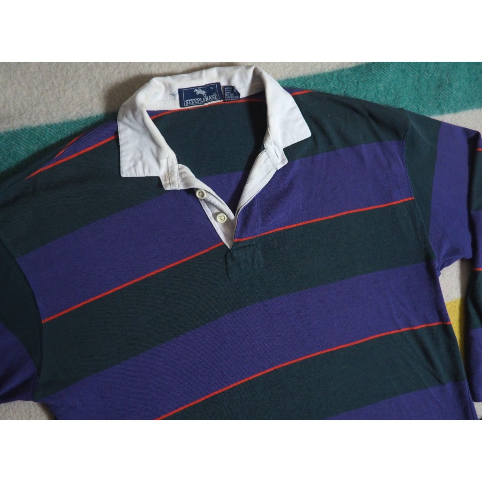 Vintage VTG 80s Steeplechase Purple Green Striped Pullover Rugby Polo L/S Shirt Mens L Size US L / EU 52-54 / 3 - 3 Thumbnail