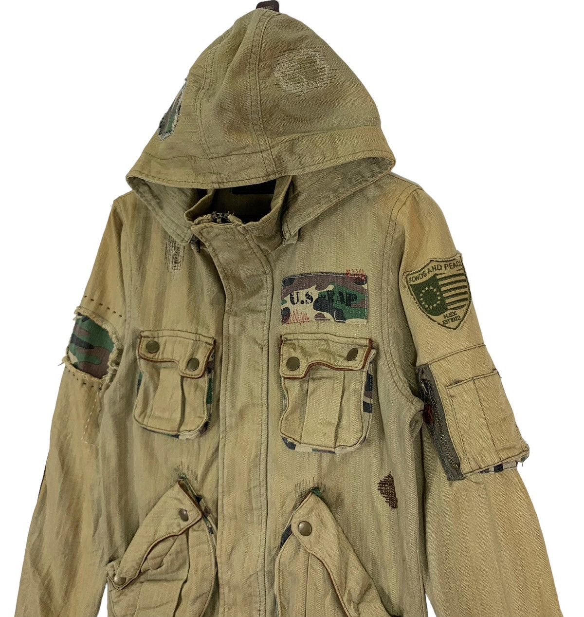 Japanese Brand × Vintage VINTAGE B.A.P MILITARY STYLE PATCH WORK HOODIE DENIM JACKET Size US M / EU 48-50 / 2 - 3 Thumbnail