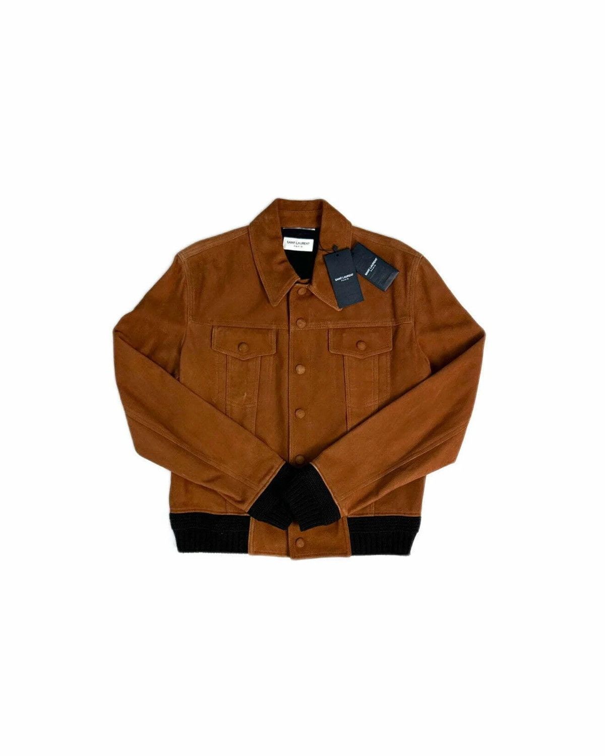 image of Saint Laurent Paris Suede Trucker Jacket in Brown, Men's (Size Medium)