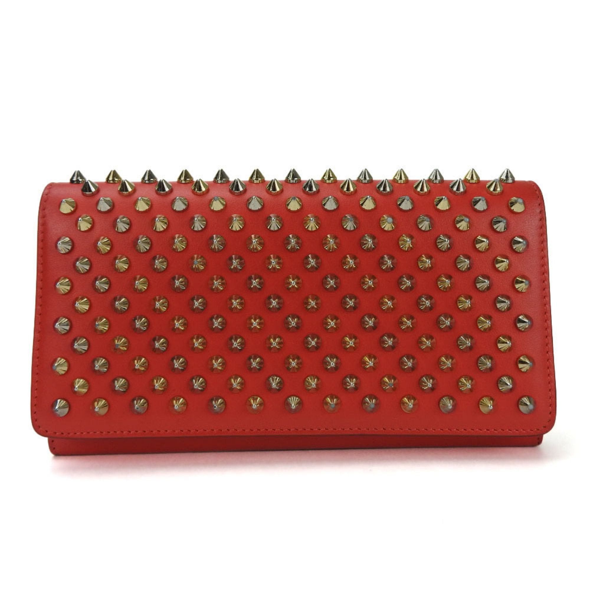 image of Vintage Christian Louboutin Bifold Long Wallet 1175077 Studded Macaron Leather Red Accessories Ladi
