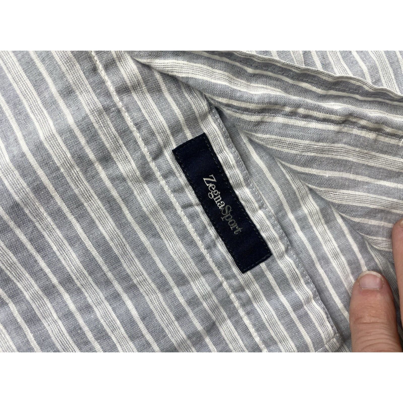 Ermenegildo Zegna VINTAGE Ermenegildo Zegna Mens Button-Down Long Sleeve Shirt Linen Cotton Blend Stripe Large Blue Size US L / EU 52-54 / 3 - 6 Thumbnail