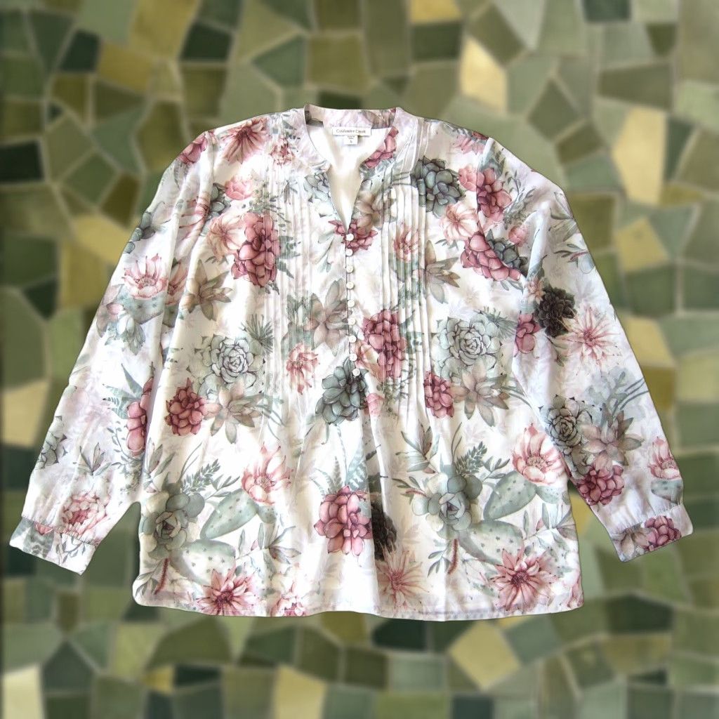 Coldwater Creek Coldwater Creek Blouse Shirt Women's V-Neck Floral Pink Long Sleeve Tunic Large 14 Size L / US 10 / IT 46 - 1 Thumbnail