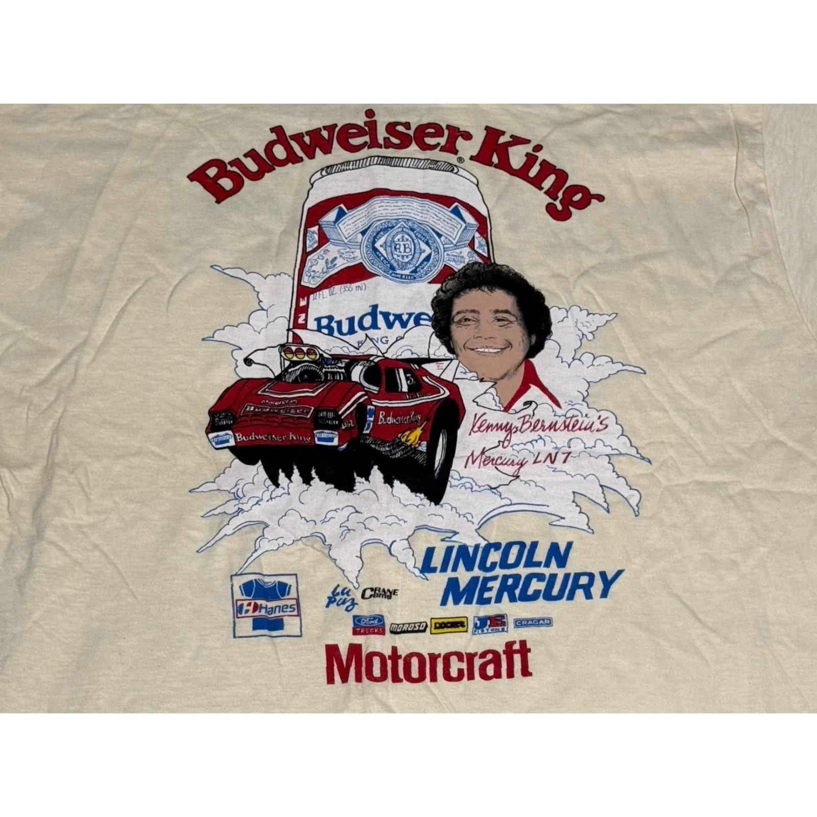 Hanes VINTAGE 1980s Budweiser King Kenny Bernstein Mercury Funny Car NHRA Graphic Tee Unisex XL Light Yellow Size US XL / EU 56 / 4 - 2 Thumbnail