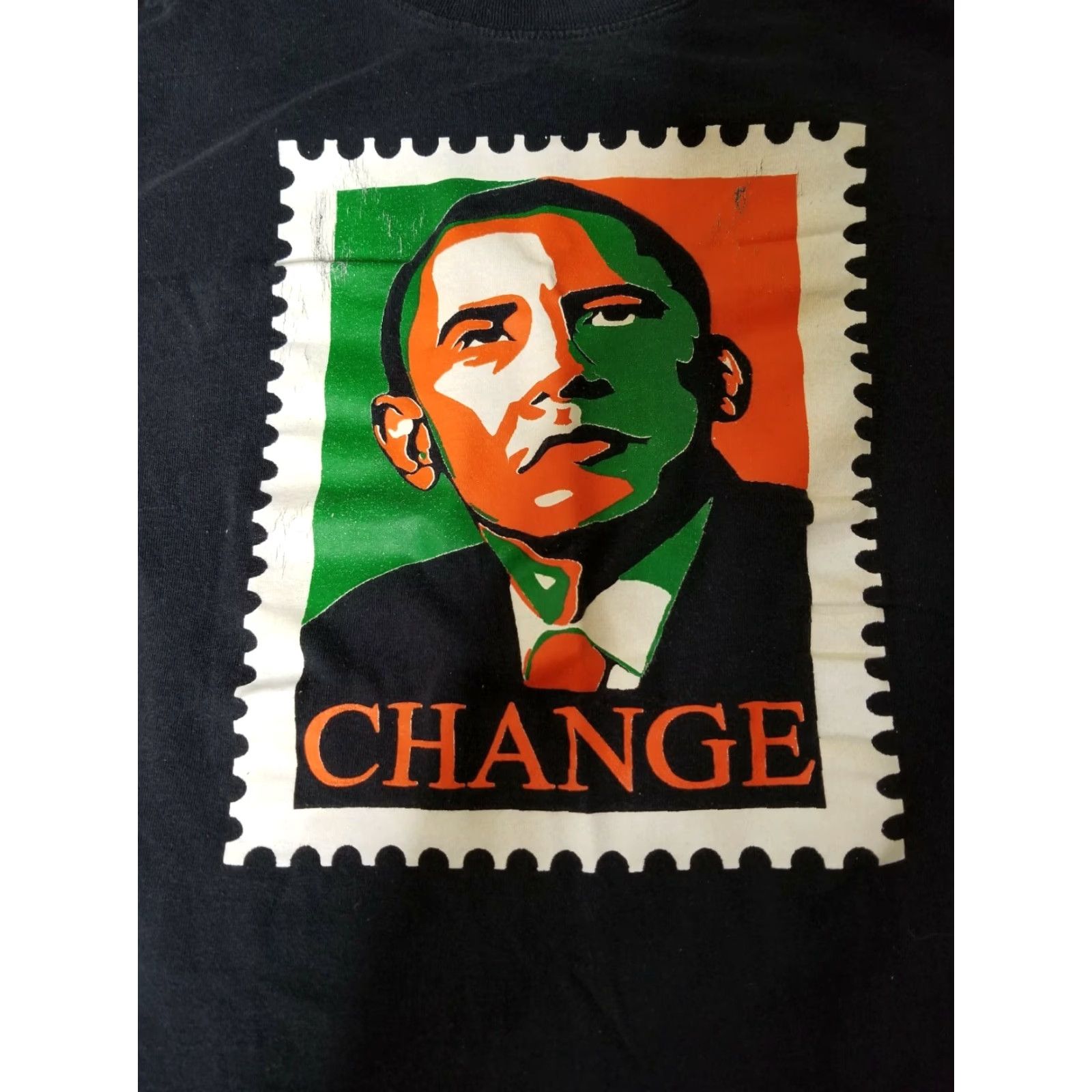 Jerzees VINTAGE Obama Change Postage Stamp Shirt Distressed Mens XL Black Crew Neck T-Shirt, Political Size US XL / EU 56 / 4 - 3 Thumbnail