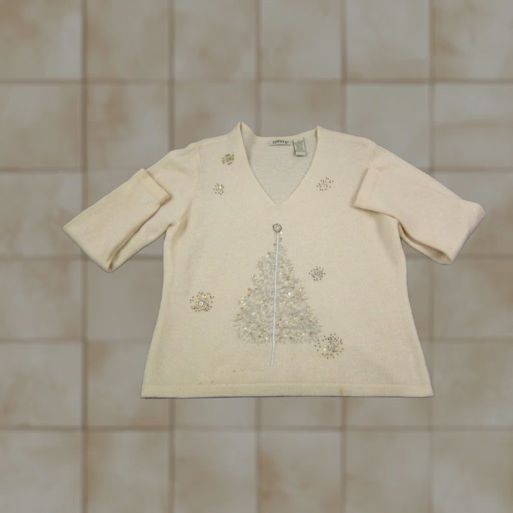 Orvis VINTAGE Orvis Sweater Womens Large Creme Christmas Tree Lambswool Sequins Angora 90s Size L / US 10 / IT 46 - 1 Thumbnail