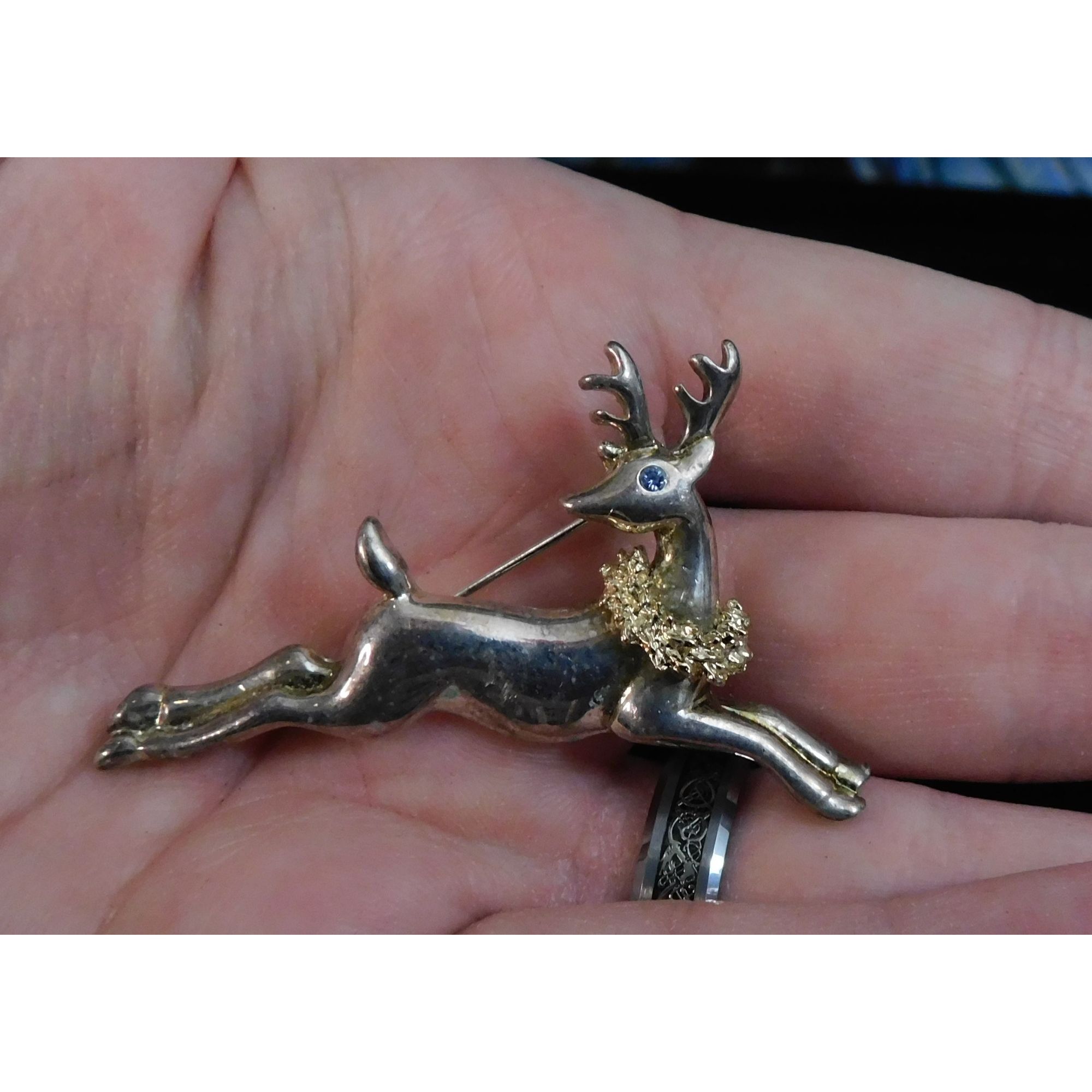 Other Vintage Festive Reindeer Brooch Silver Tone With Blue Rhines Size ONE SIZE - 4 Thumbnail