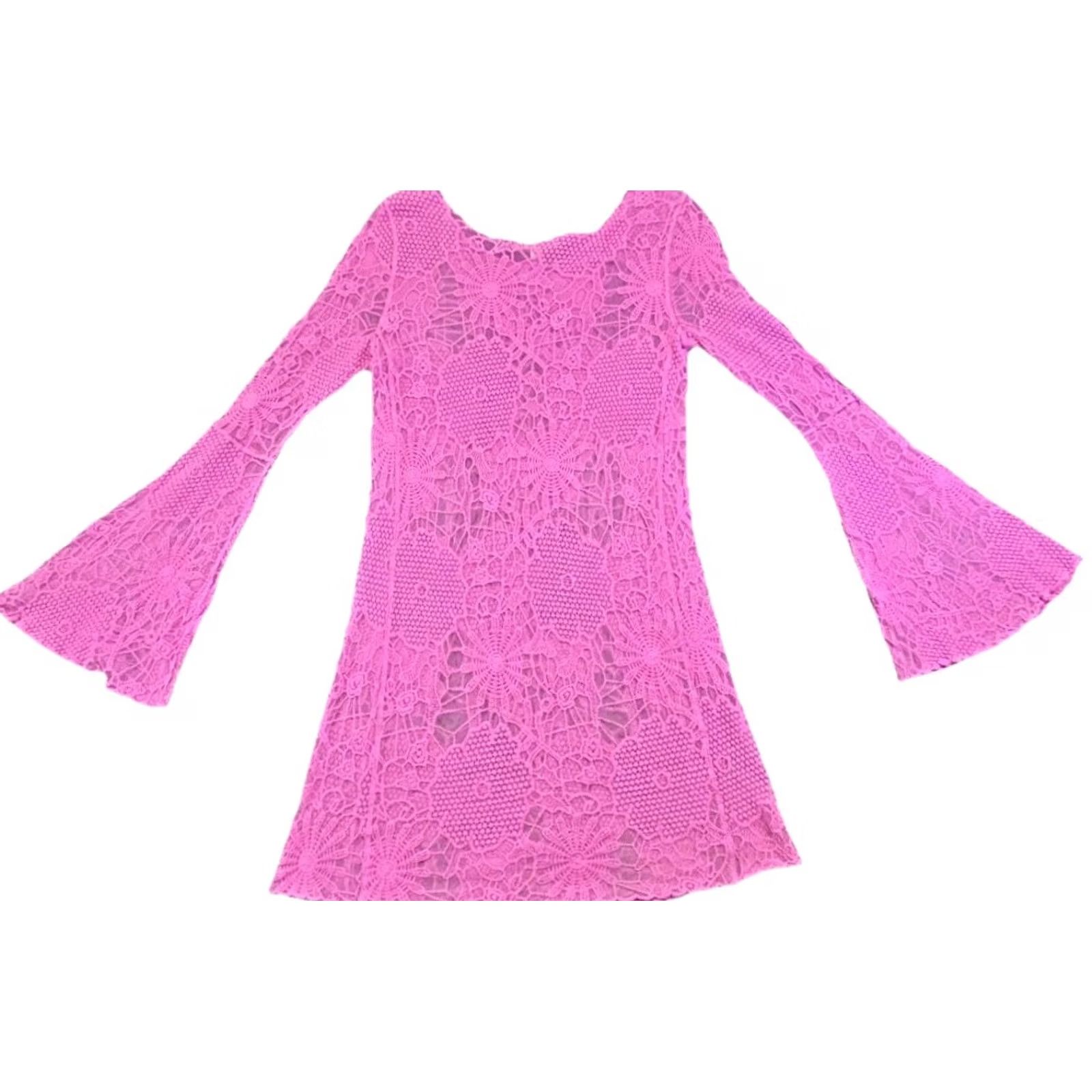 Bell GB Purple Crochet Lace Bell Sleeve Mini Dress Y2K Boho Barbiecore Small Women Bell Sleeve Crochet Lace Floral Round Neck Short Dress Size S / US 4 / IT 40 - 5 Thumbnail