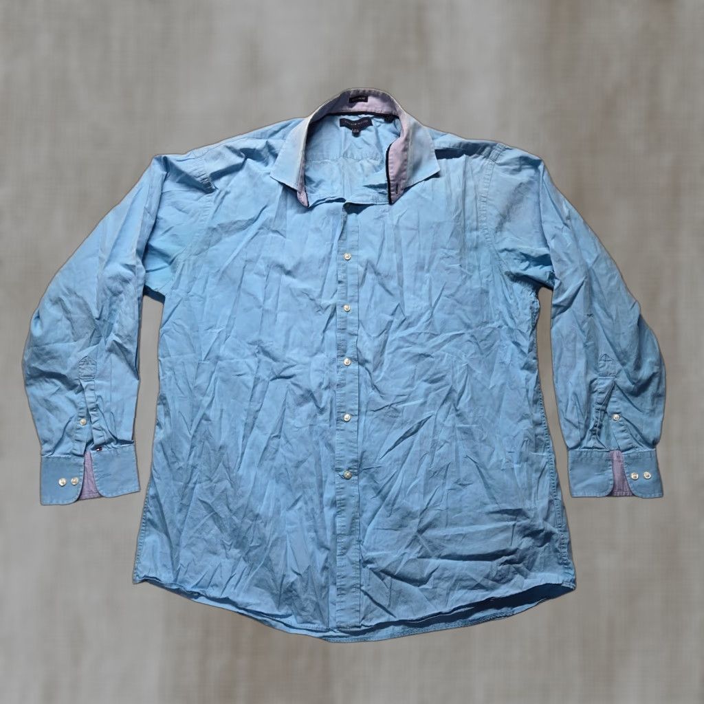 Tommy Hilfiger Tommy Hilfiger Shirt Button-Up Long Sleeve Men's 17.5 34-35 Blue Cotton Solid Button-Up Shirt Mens 90s? Size US XXL / EU 58 / 5 - 1 Thumbnail